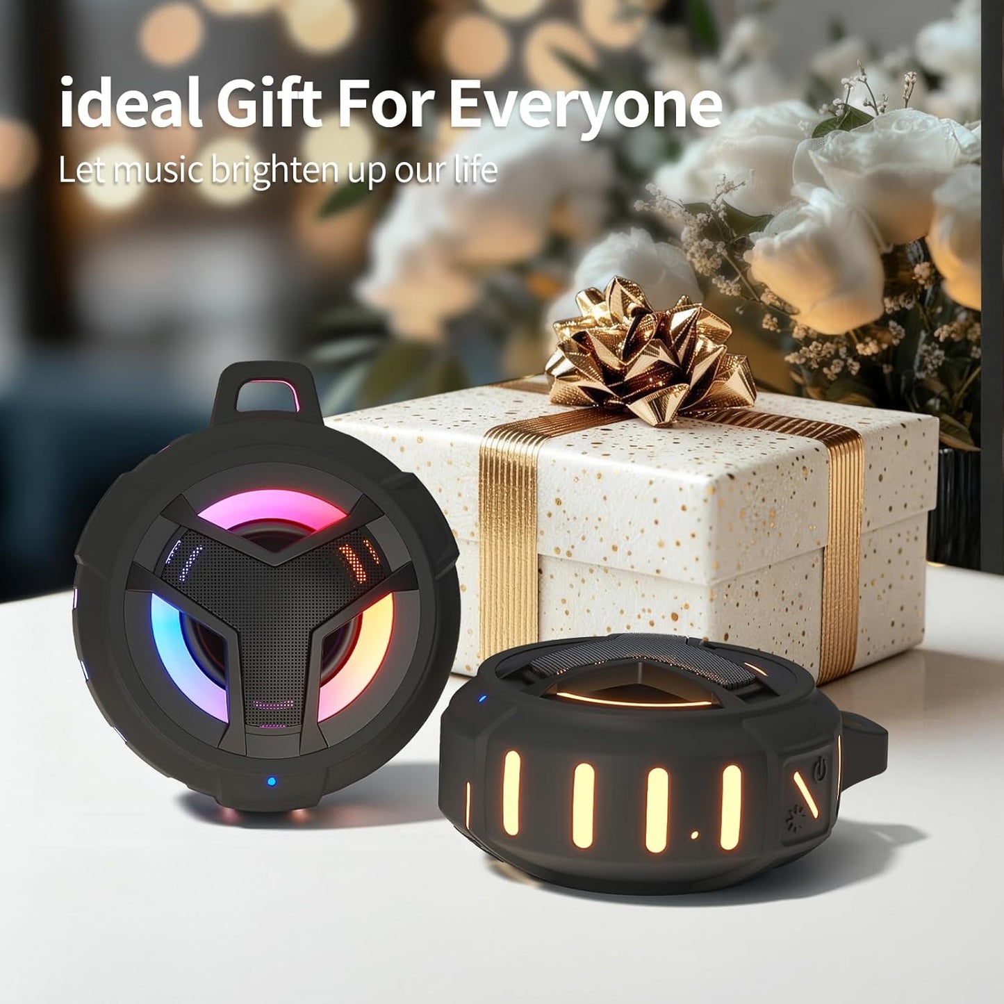 Bluetooth Shower Speaker, Waterproof Portable Bluetooth Speakers, TWS IP67 Waterproof Outdoor Speaker Wireless with LED Light, Floating, 2000Mah, Hands-Free for Shower, Pool, Beach, Bike -Black