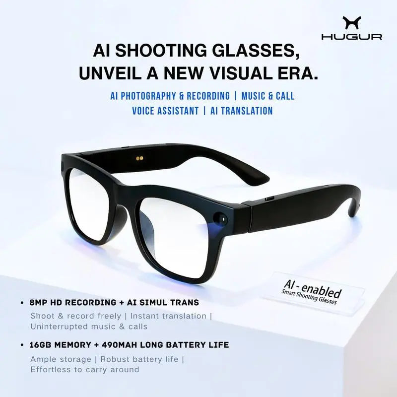 HUGUR AI Smart Camera Glasses: 8MP Lens, Photochromic Technology, Touch Control, Real-Time Translation in 160 Languages, Bluetooth Connectivity, Wearable Video Recording, and UV Protection for Outdoor Use