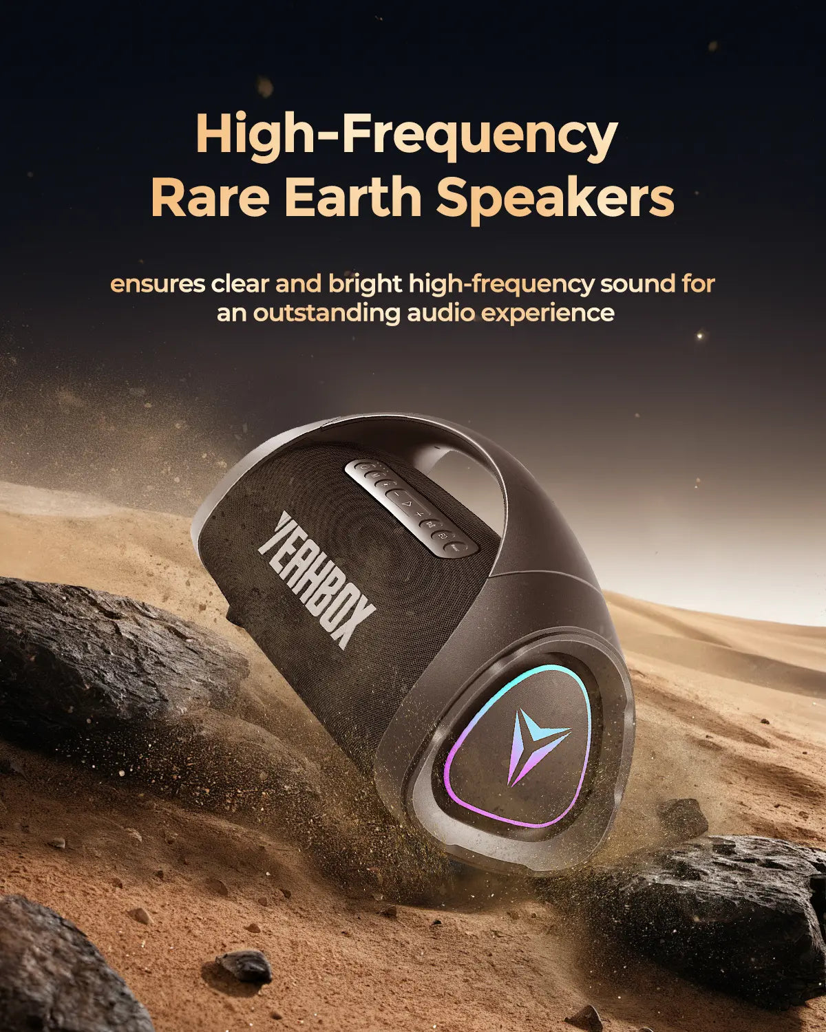 YEAHBOX Sonic Boom Max Portable Bluetooth Sound System - 200W RMS/300W Peak Stereo Speaker with Trifonic Pro True 3-Way Hi-Fi, Pulsebass X Oval Woofer, 5 Drivers, Bluetooth 5.3, EQ, USB Type-C Fast Charging, Water Resistant, and Battery-Powered for Outdoor Use.