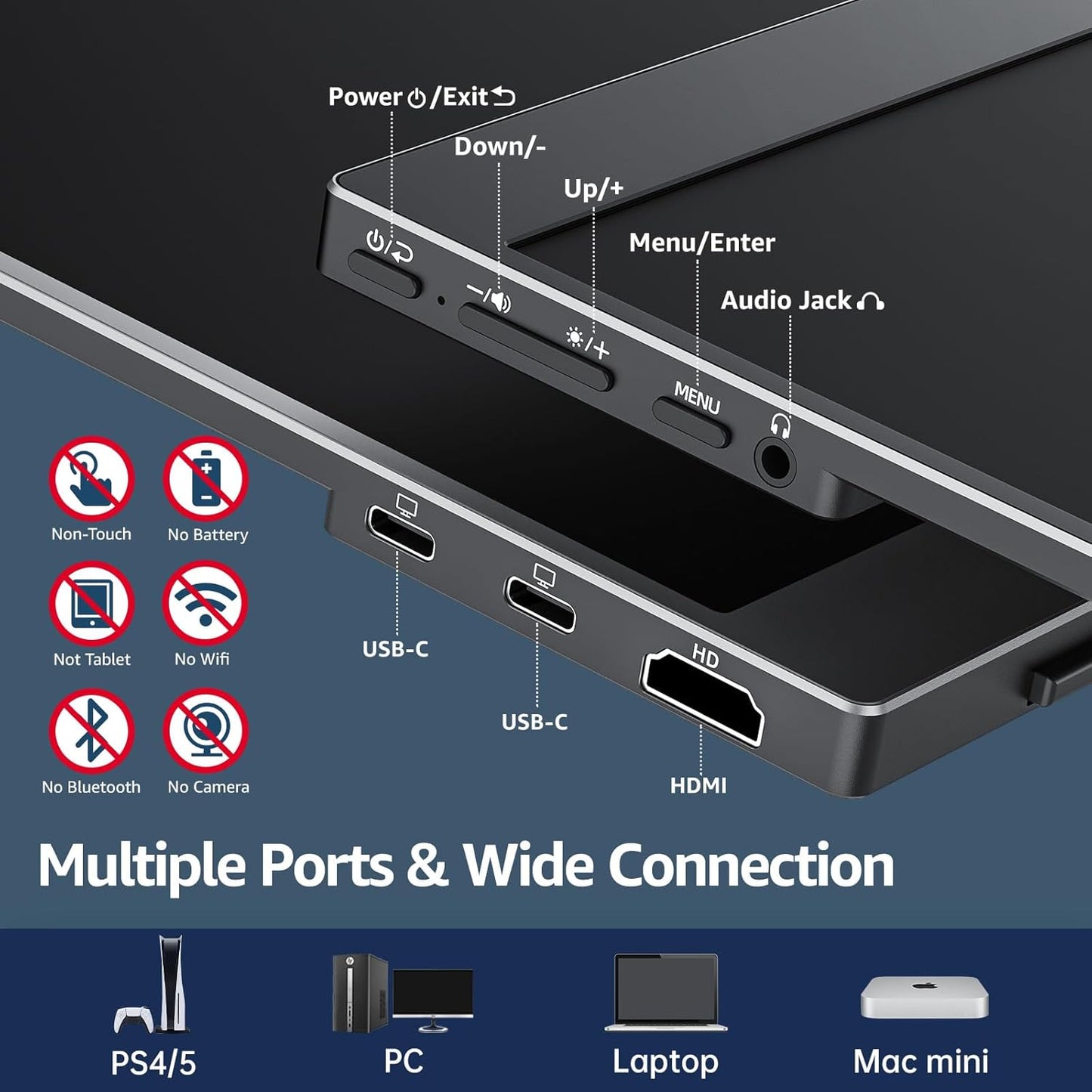 Portable Monitor 15.6 Inch 1080P FHD 60Hz 85% Srgb Travel Monitor with Speaker HDMI USB-C Second Screen for Laptop Macbook Surface PC Xbox PS4/5, VESA Mountable, with Cover Stand