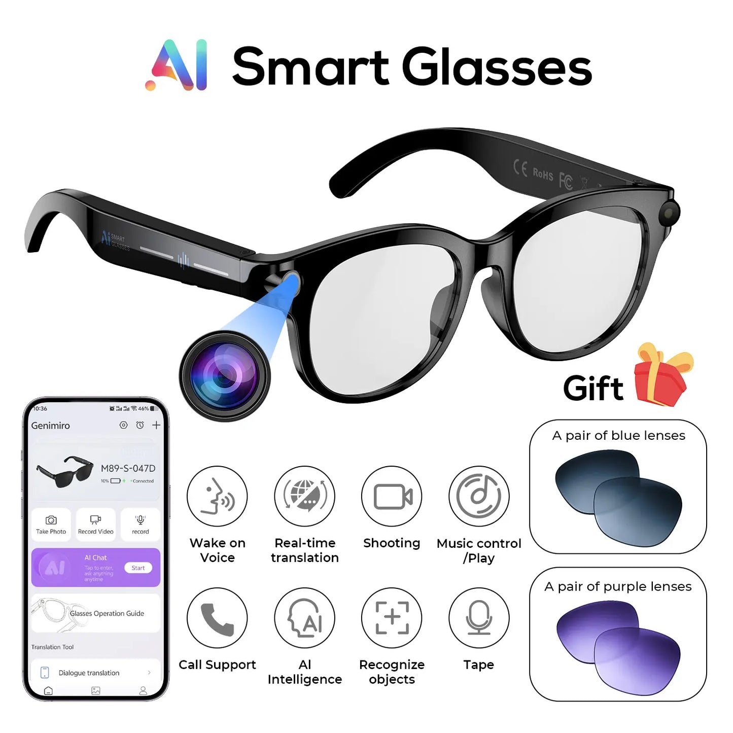 800W HD Smart Sport Glasses with AI Capabilities, Photo/Video Recording, Remote Shutter Control, Voice Assistant, Object Recognition, Bluetooth Connectivity for Music and Calls, Multilingual Translation, Lightweight Design, Meta Glasses