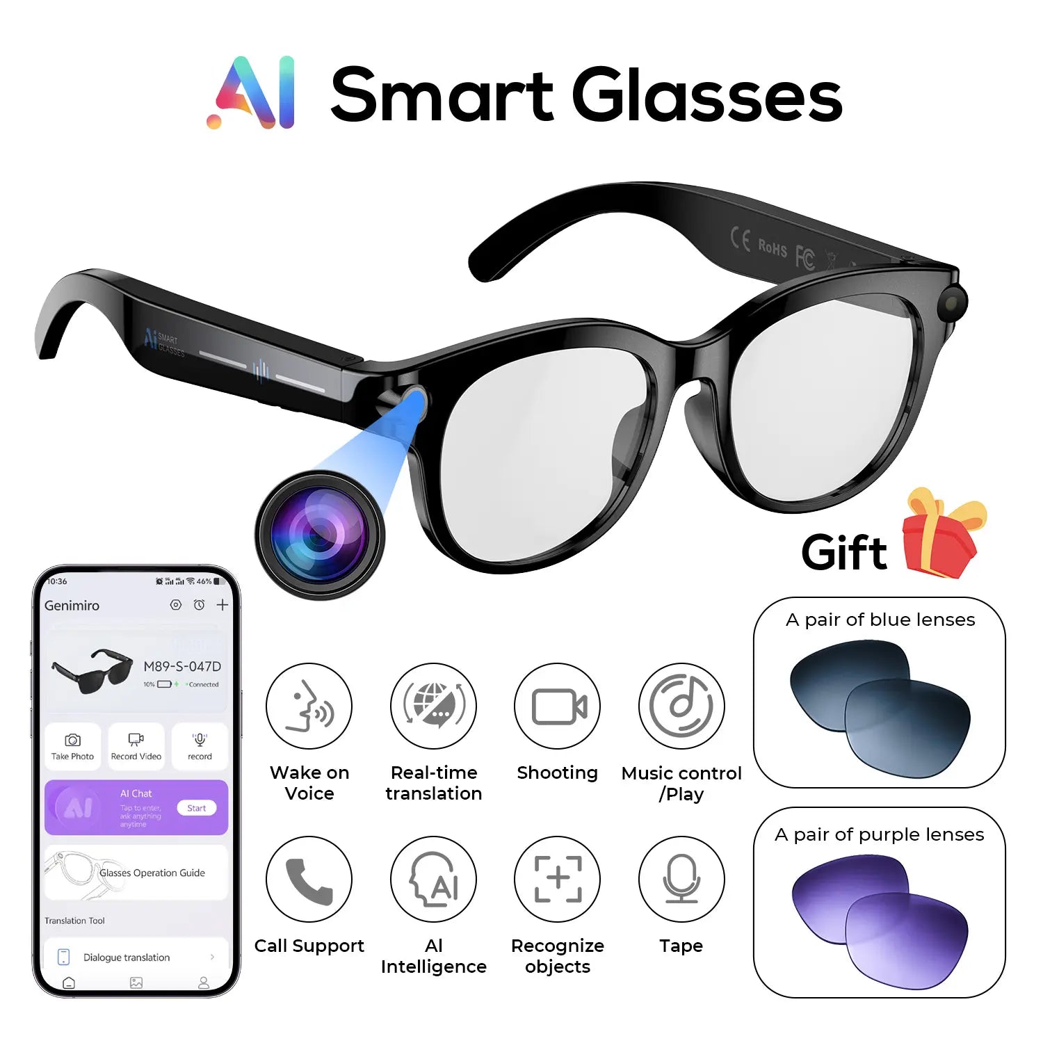 800W HD Smart Sport Glasses with AI Capabilities, Photo/Video Recording, Remote Shutter Control, Voice Assistant, Object Recognition, Bluetooth Connectivity for Music and Calls, Multilingual Translation, Lightweight Design, Meta Glasses