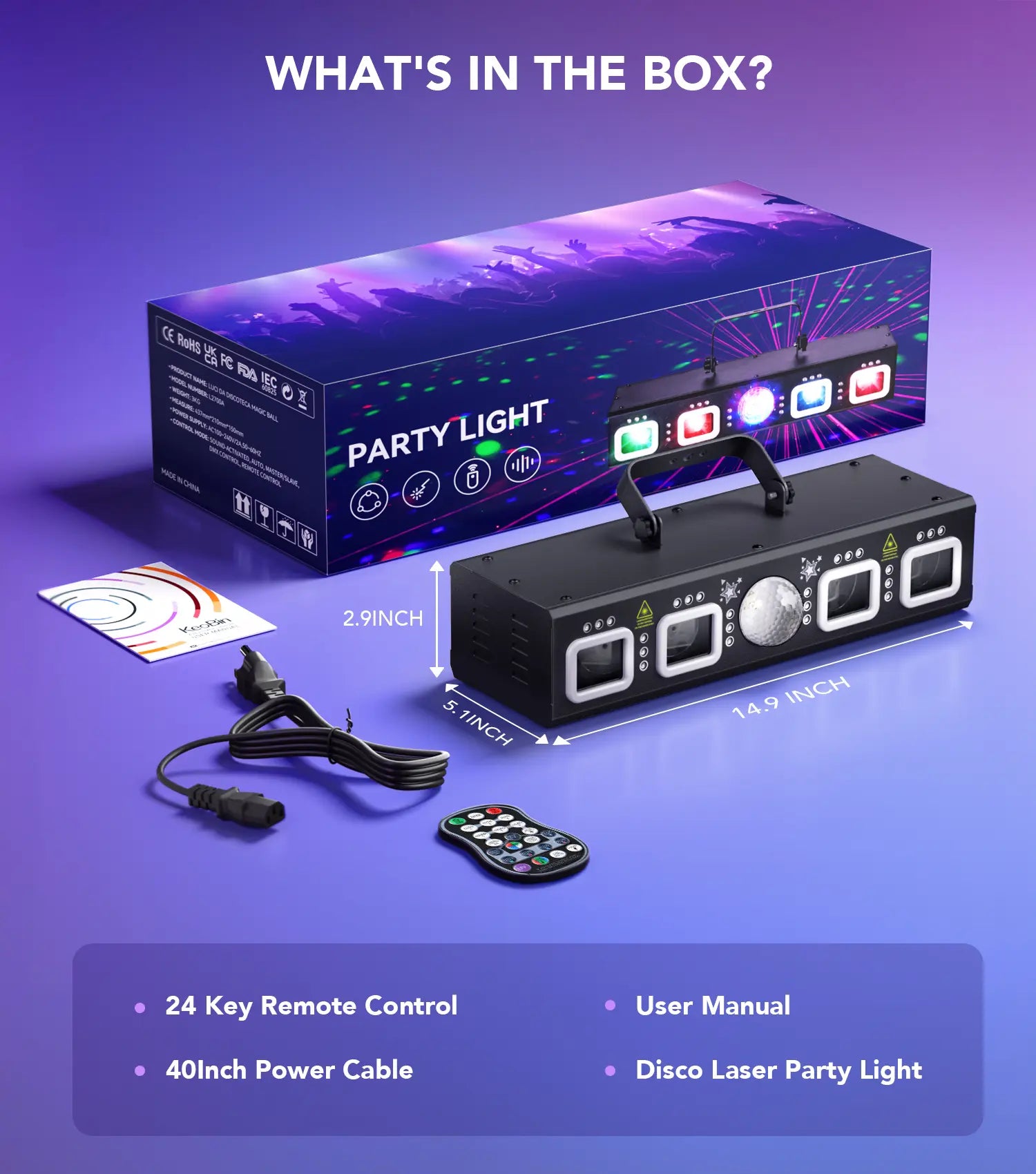 Professional 6-in-1 DMX and Sound-Activated Laser Light Show System with Disco Ball, RGBW, and UV Strobe Lights for Indoor Events, Raves, Clubs, and DJ Performances