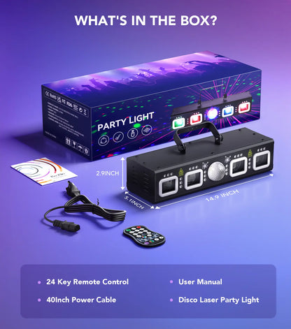 Professional 6-in-1 DMX and Sound-Activated Laser Light Show System with Disco Ball, RGBW, and UV Strobe Lights for Indoor Events, Raves, Clubs, and DJ Performances