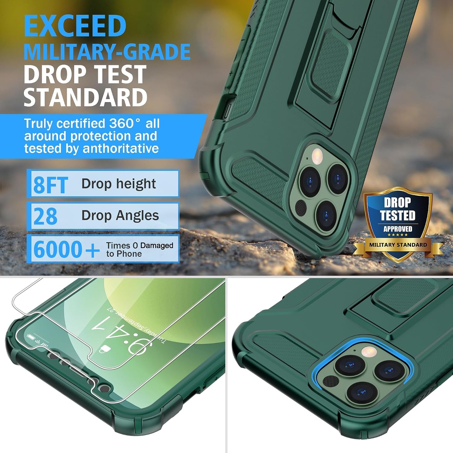 Compatible with Iphone 12 Case, Iphone 12 Pro Case With[2 X Tempered Glass Screen Protectors][Built-In Kickstand]Shockproof 360 Full Body Protective Silicone Bumper Cover-Darkgreen - Darkgreen