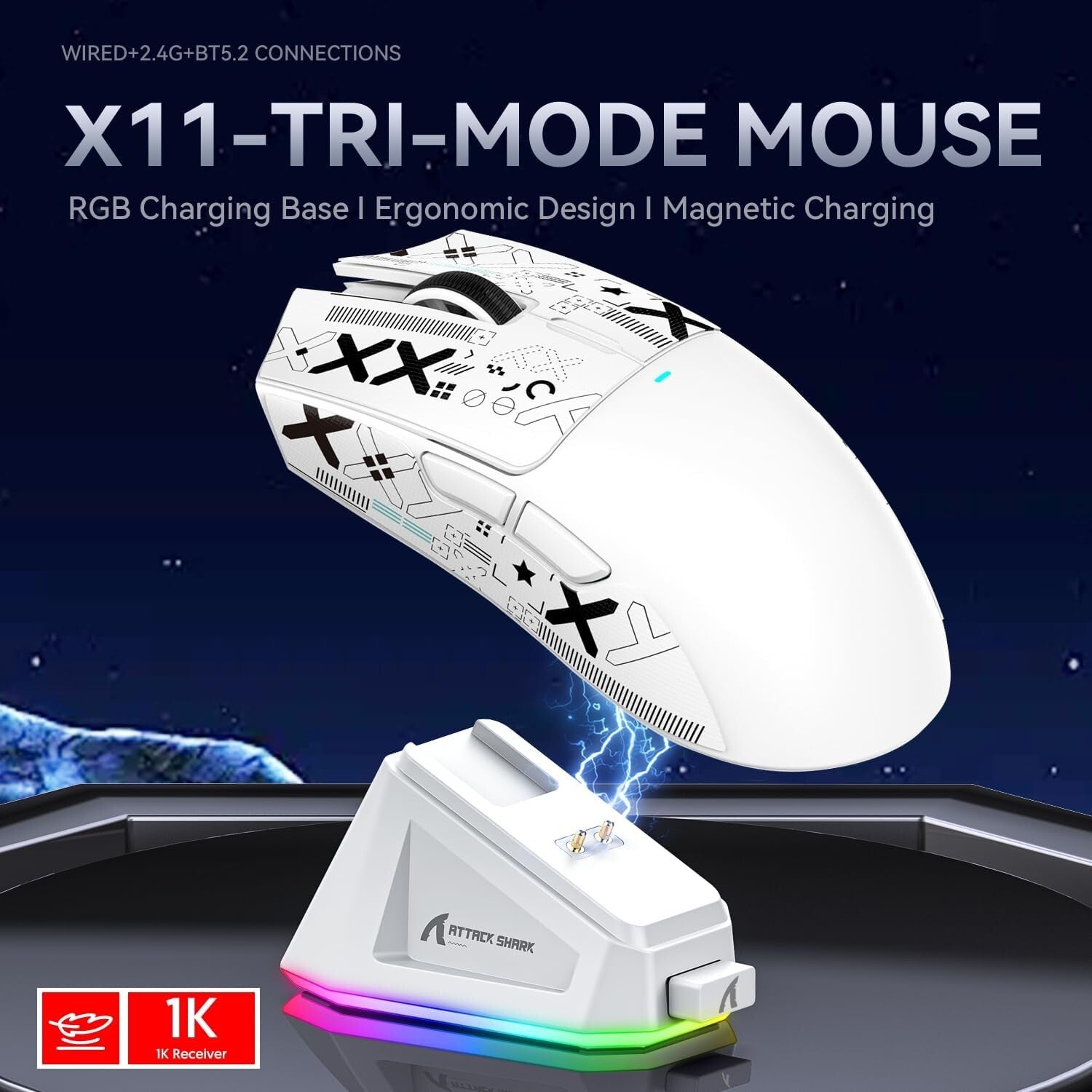 ATTACK SHARK X11 Tri-Mode Wireless Gaming Mouse with RGB Charging Dock, 22000DPI