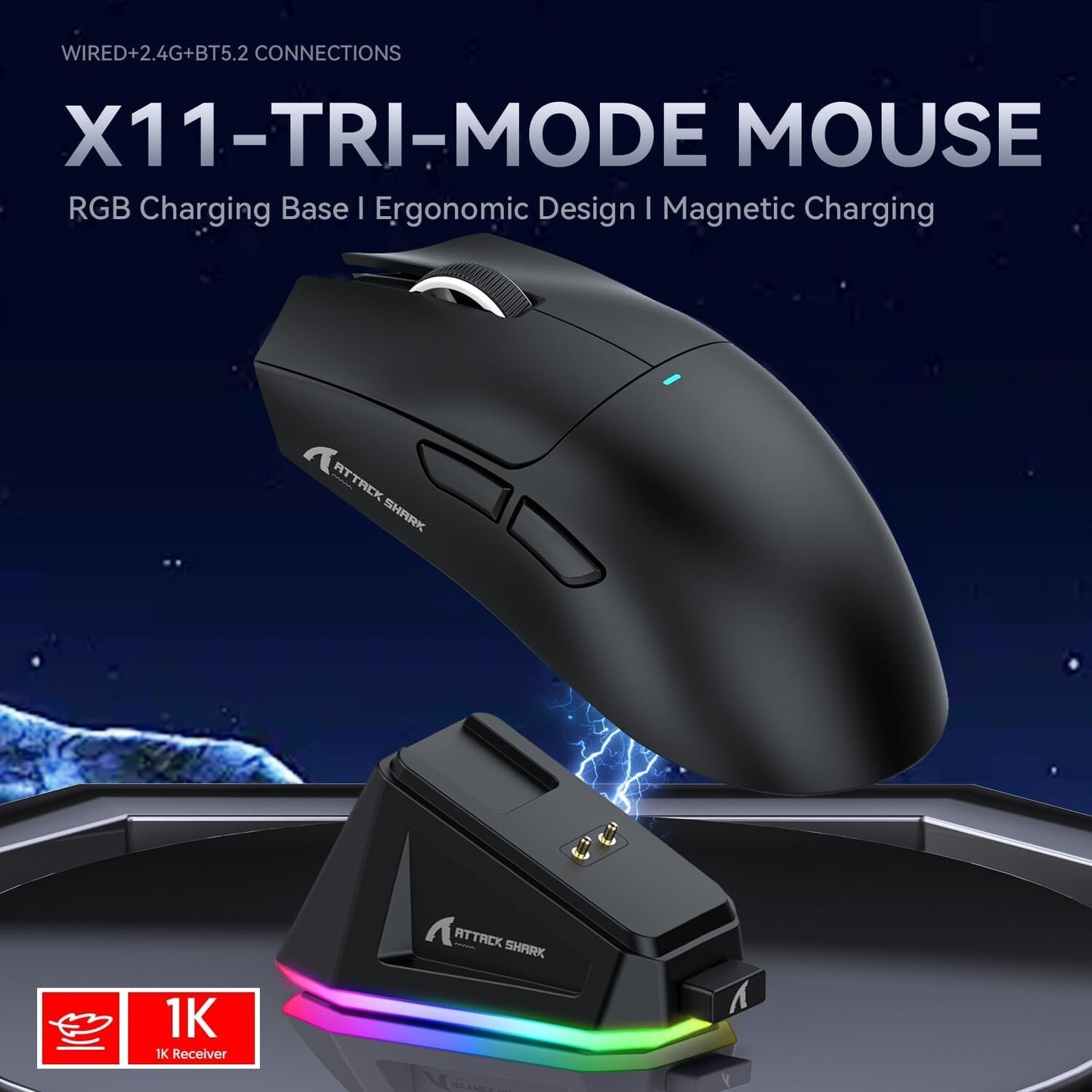 ATTACK SHARK X11 Tri-Mode Wireless Gaming Mouse with RGB Charging Dock, 22000DPI
