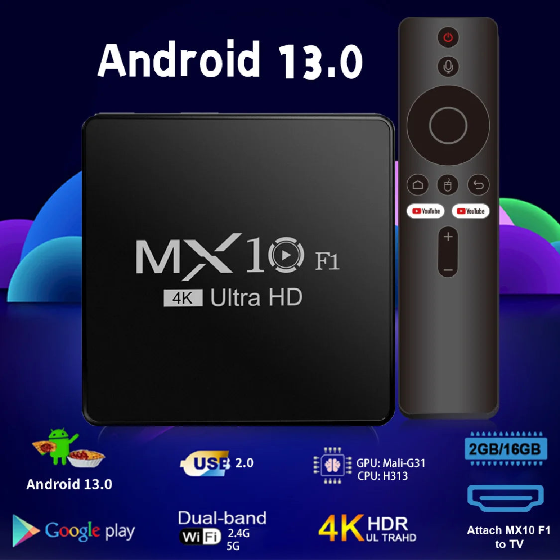 Android Smart TV Box Allwinner H313  F1 Cortex™-A53 Android 13 Set-Top TV Box Build in Wi-Fi 2.4G + BT5.0