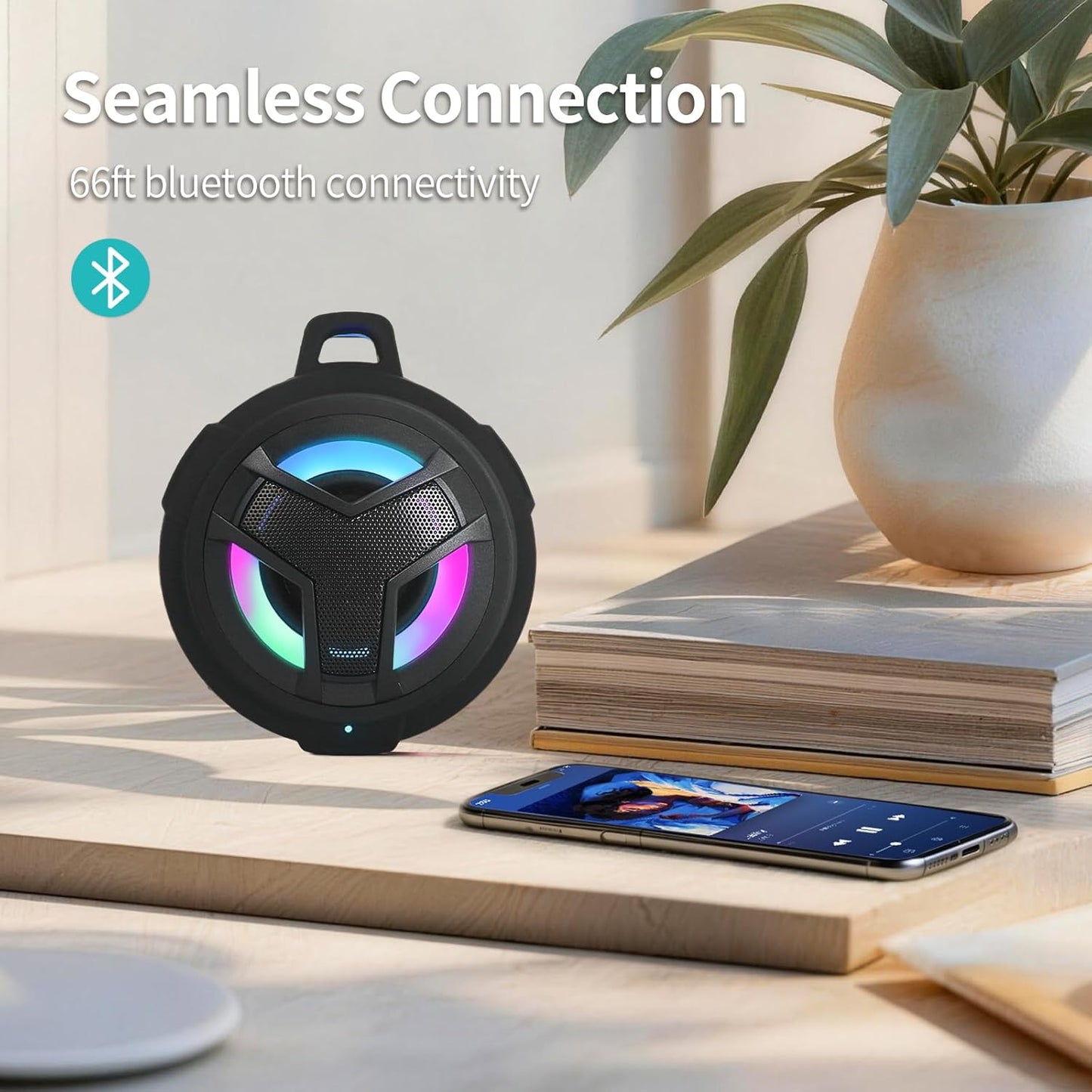 Bluetooth Shower Speaker, Waterproof Portable Bluetooth Speakers, TWS IP67 Waterproof Outdoor Speaker Wireless with LED Light, Floating, 2000Mah, Hands-Free for Shower, Pool, Beach, Bike -Black