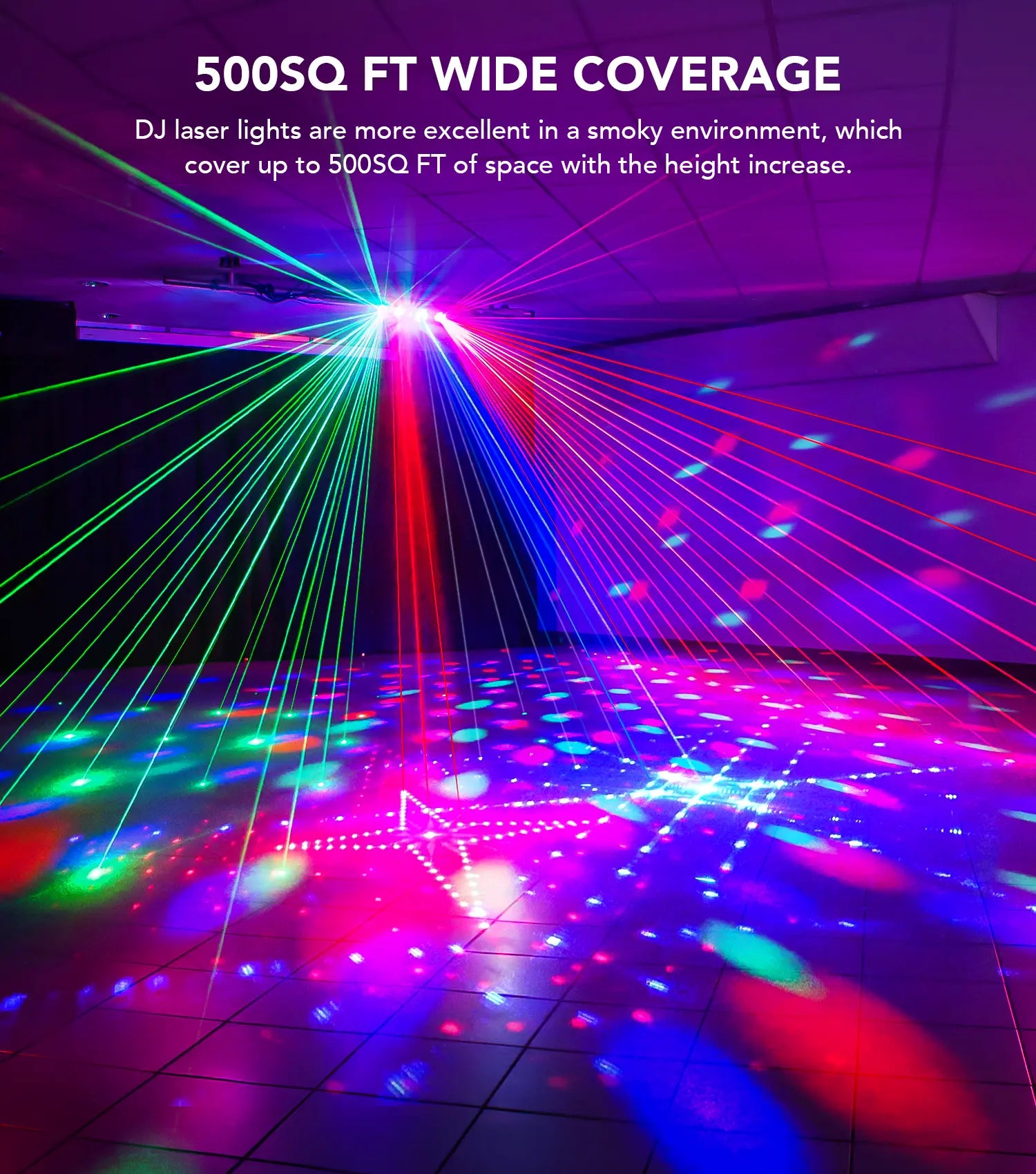 Professional 6-in-1 DMX and Sound-Activated Laser Light Show System with Disco Ball, RGBW, and UV Strobe Lights for Indoor Events, Raves, Clubs, and DJ Performances