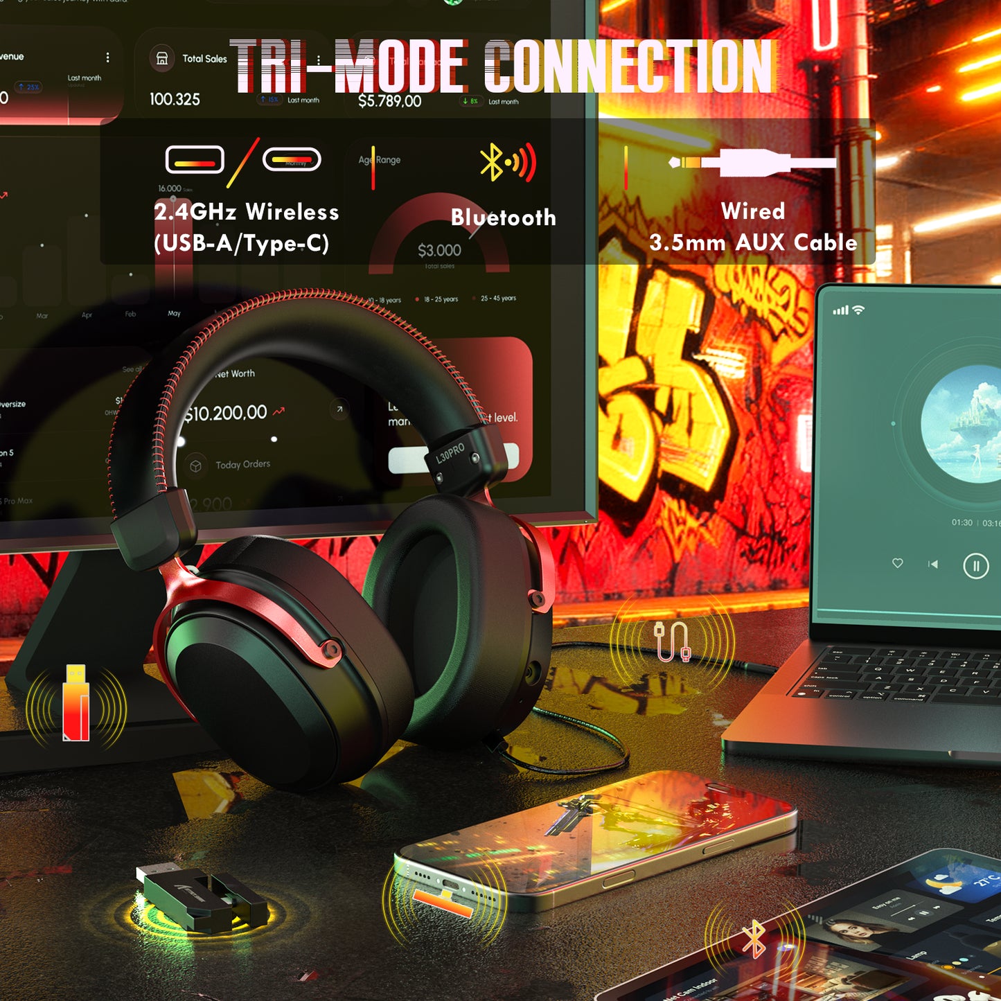 ATTACK SHARK L30Pro Wireless Gaming Headset, Detachable Microphone 7.1 Surround