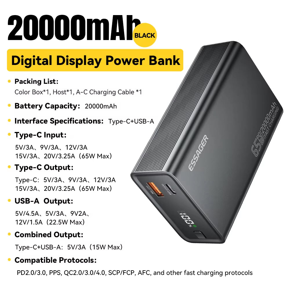 Power Bank 20000Mah Portable PD 65W Fast Charging Mobile Phone External Battery Powerbank for Iphone17 16 15 Laptop Mac