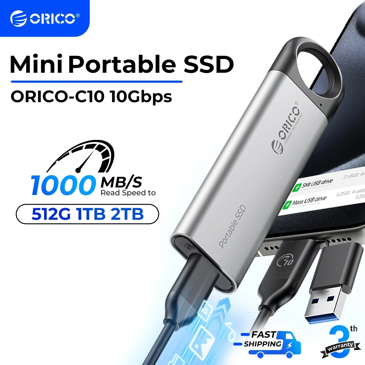 1TB External SSD up to 1050Mb/S 550Mb/S, Hanging Hole Design Portable Solid State Drive, USB C&A 2 in 1 Cable