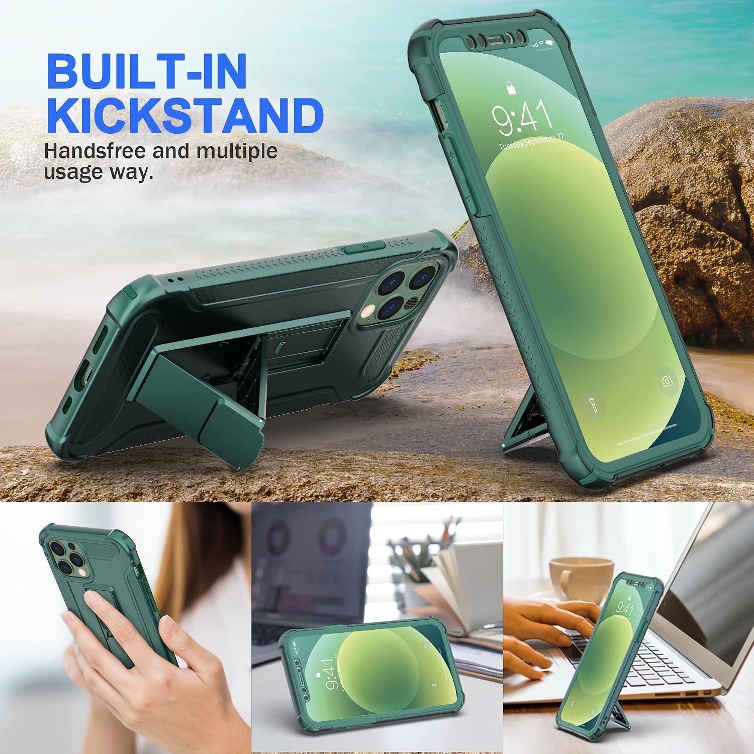 Compatible with Iphone 12 Case, Iphone 12 Pro Case With[2 X Tempered Glass Screen Protectors][Built-In Kickstand]Shockproof 360 Full Body Protective Silicone Bumper Cover-Darkgreen - Darkgreen