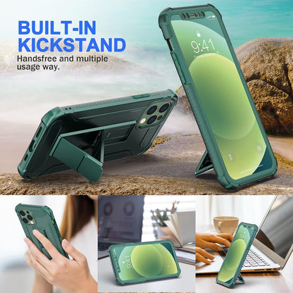 Compatible with Iphone 12 Case, Iphone 12 Pro Case With[2 X Tempered Glass Screen Protectors][Built-In Kickstand]Shockproof 360 Full Body Protective Silicone Bumper Cover-Darkgreen - Darkgreen