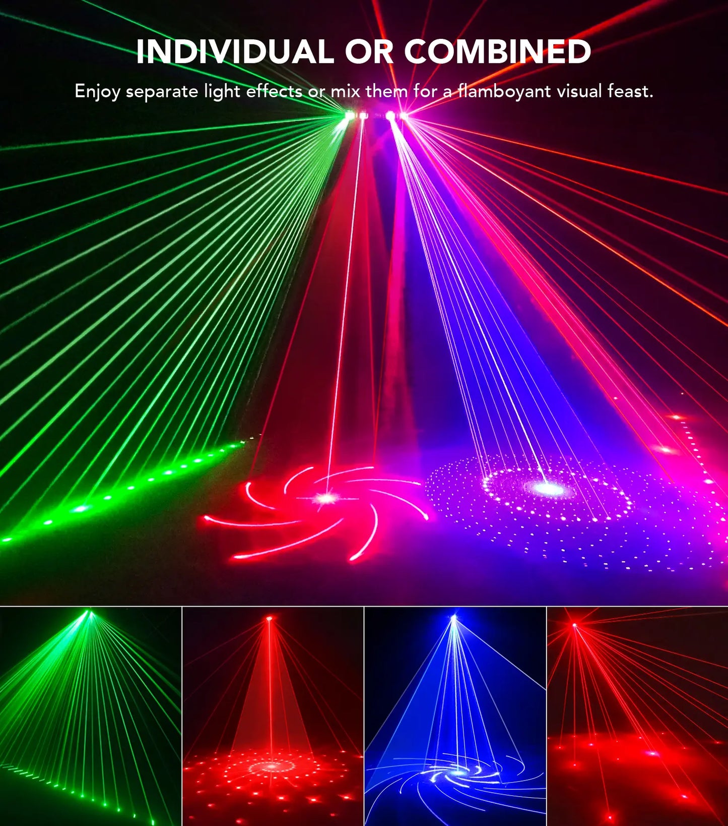 Professional 6-in-1 DMX and Sound-Activated Laser Light Show System with Disco Ball, RGBW, and UV Strobe Lights for Indoor Events, Raves, Clubs, and DJ Performances