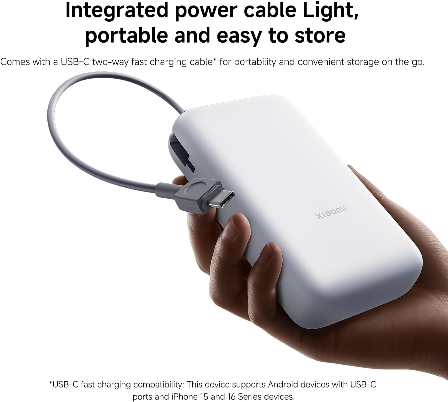 Power Up Anywhere: 20000mAh Dark Gray Power Bank with Integrated Cable for Fast Charging