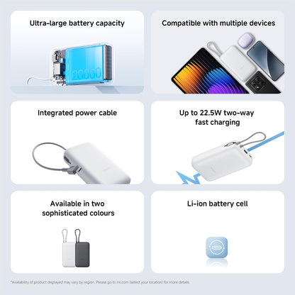 Power Up Anywhere: 20000mAh Dark Gray Power Bank with Integrated Cable for Fast Charging