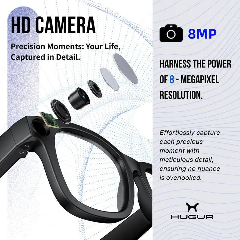 HUGUR AI Smart Camera Glasses: 8MP Lens, Photochromic Technology, Touch Control, Real-Time Translation in 160 Languages, Bluetooth Connectivity, Wearable Video Recording, and UV Protection for Outdoor Use