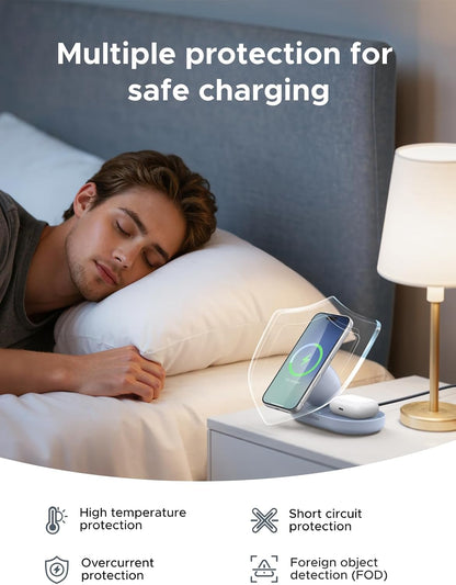 Qi2 Certitied 15W Magsafe Charger, 2-In-1 Wireless Chargerer,Blue | Magnetic Charging Station Compatible with Iphone 17/16/15/14/13/12, Airpods 4/3/2/Pro 3/2(No AC Adapter)