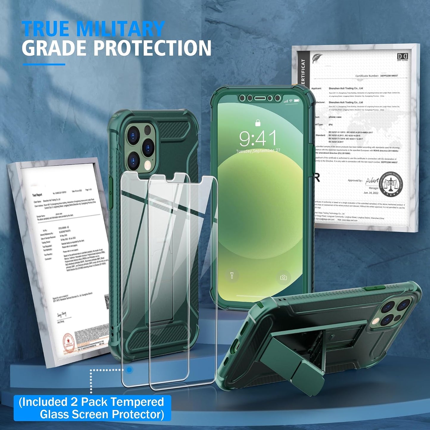 Compatible with Iphone 12 Case, Iphone 12 Pro Case With[2 X Tempered Glass Screen Protectors][Built-In Kickstand]Shockproof 360 Full Body Protective Silicone Bumper Cover-Darkgreen - Darkgreen