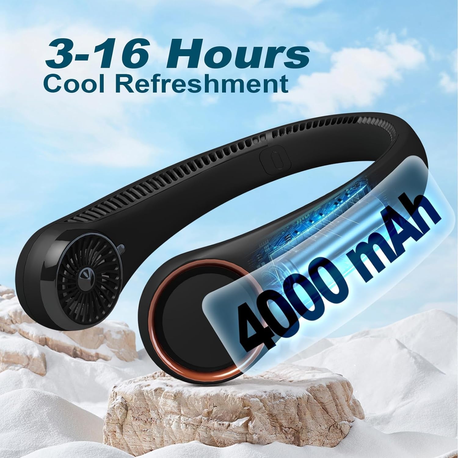 Neck Fan: Portable Personal Neck Cooling Rechargeable Bladeless Fan - Hands Free 3 Speed 4000 Mah Battery USB Operated Wearable Headphone Design - for Men Women Outdoor Indoor (Black)