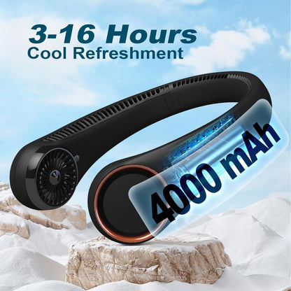 Neck Fan: Portable Personal Neck Cooling Rechargeable Bladeless Fan - Hands Free 3 Speed 4000 Mah Battery USB Operated Wearable Headphone Design - for Men Women Outdoor Indoor (Black)