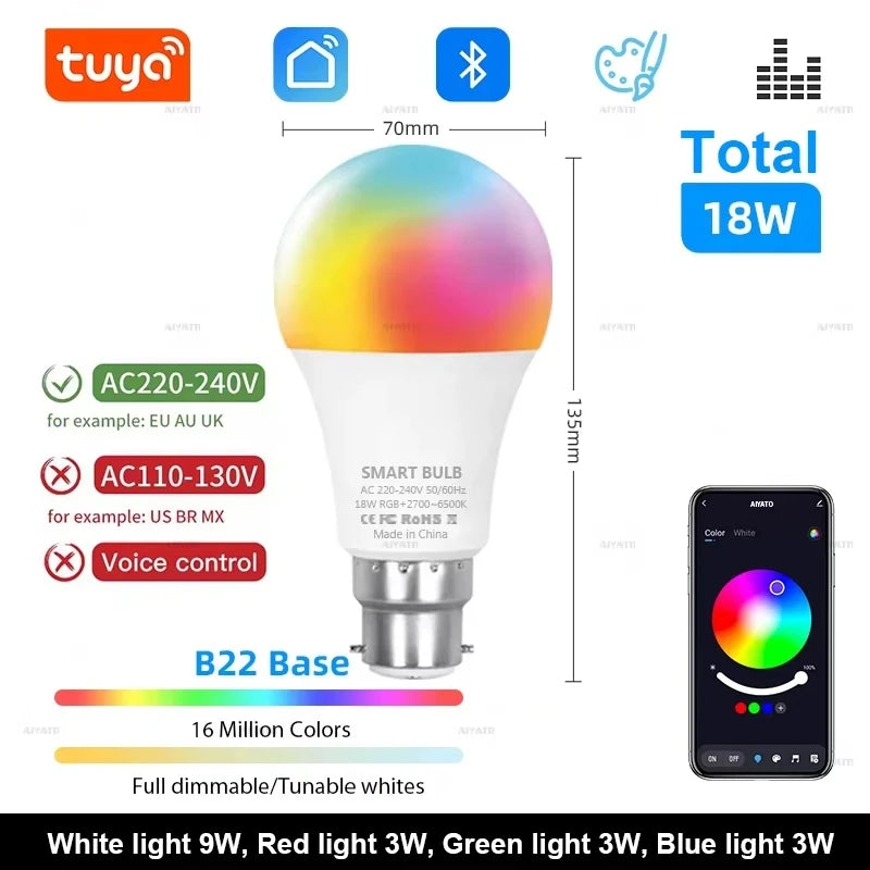 Smart Life APP Tuya Bluetooth LED Bulb Dimmable 15W 18W E27 B22 220V RGBCW Color Change Lamps Group Control Music Rhythm Timing