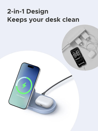 Qi2 Certitied 15W Magsafe Charger, 2-In-1 Wireless Chargerer,Blue | Magnetic Charging Station Compatible with Iphone 17/16/15/14/13/12, Airpods 4/3/2/Pro 3/2(No AC Adapter)