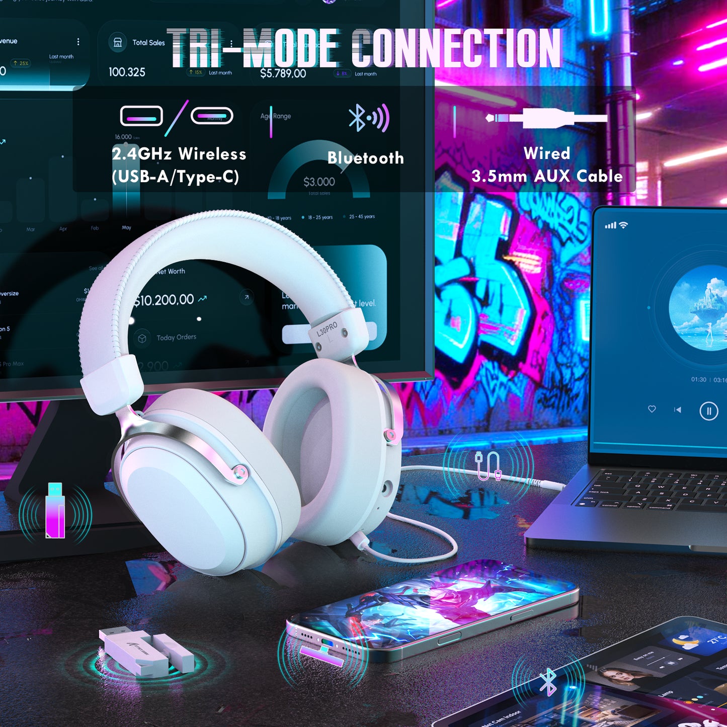 ATTACK SHARK L30Pro Wireless Gaming Headset, Detachable Microphone 7.1 Surround