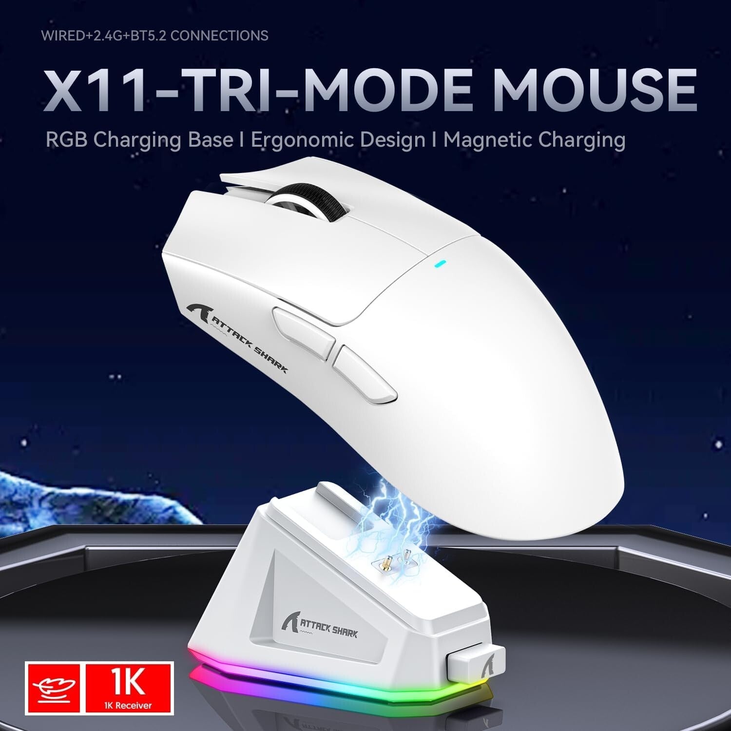 ATTACK SHARK X11 Tri-Mode Wireless Gaming Mouse with RGB Charging Dock, 22000DPI