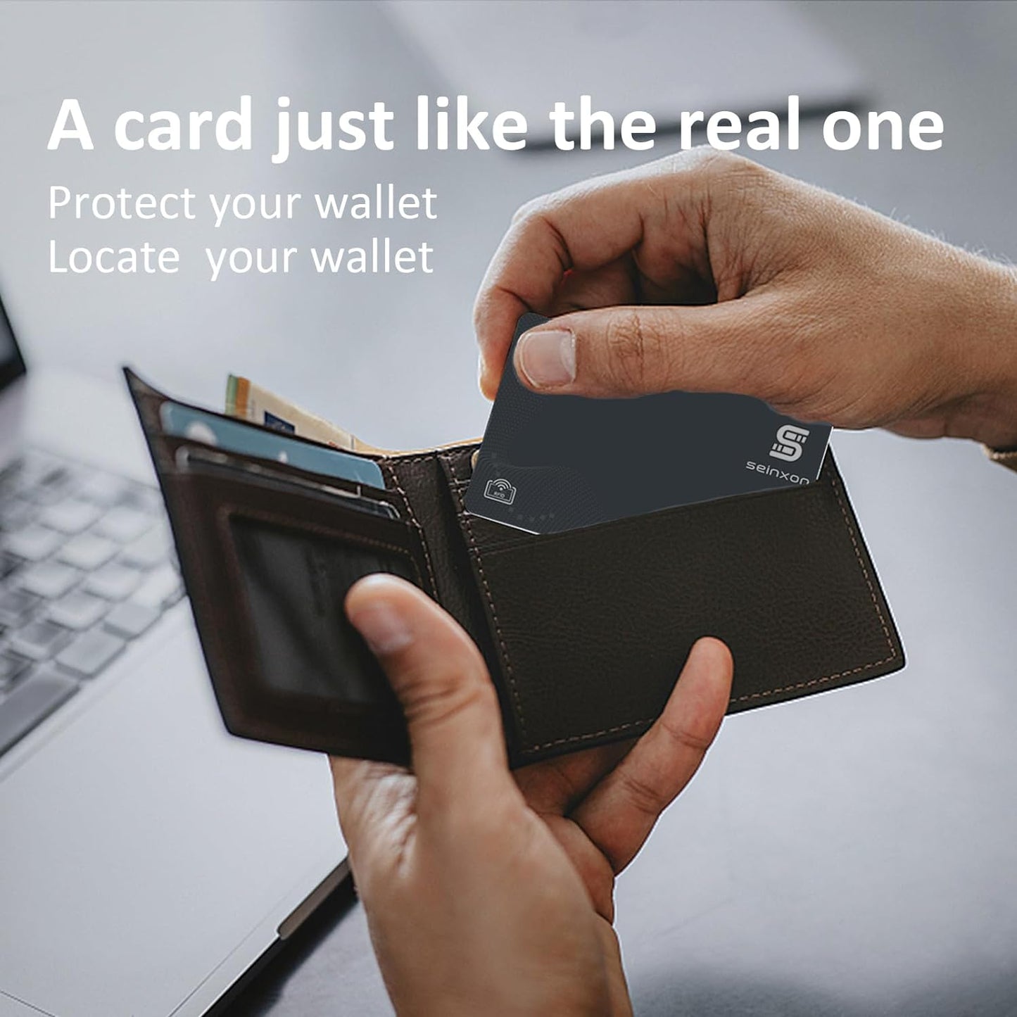 SEINXON RFID Blocking Wallet Finder with IP68 Waterproof Item Tracker and Rechargeable Clip, Compatible with Apple Find My App (iOS Only), Grey