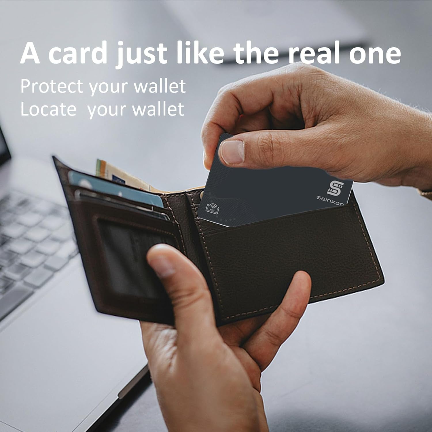 SEINXON RFID Blocking Wallet Finder with IP68 Waterproof Item Tracker and Rechargeable Clip, Compatible with Apple Find My App (iOS Only), Grey