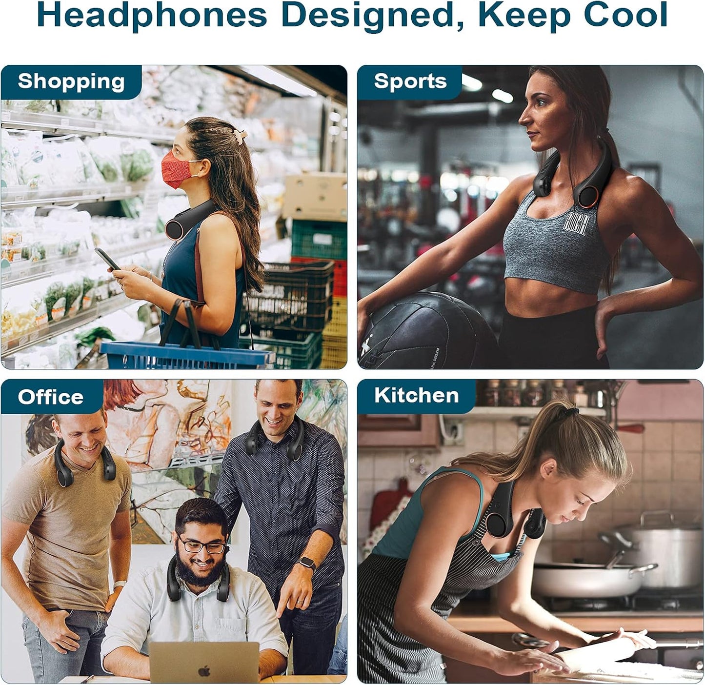 Neck Fan: Portable Personal Neck Cooling Rechargeable Bladeless Fan - Hands Free 3 Speed 4000 Mah Battery USB Operated Wearable Headphone Design - for Men Women Outdoor Indoor (Black)