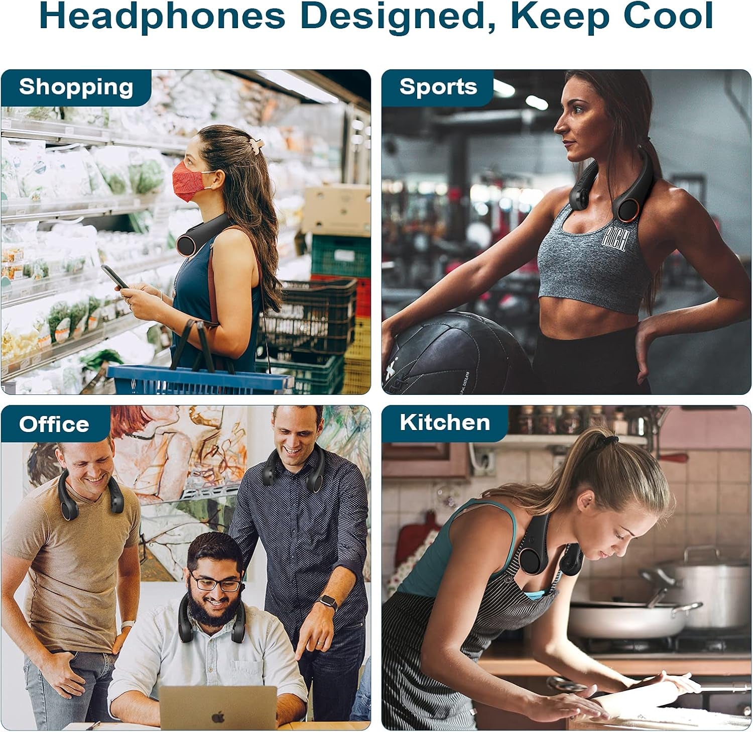 Neck Fan: Portable Personal Neck Cooling Rechargeable Bladeless Fan - Hands Free 3 Speed 4000 Mah Battery USB Operated Wearable Headphone Design - for Men Women Outdoor Indoor (Black)
