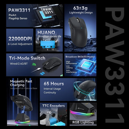 ATTACK SHARK X11 Tri-Mode Wireless Gaming Mouse with RGB Charging Dock, 22000DPI