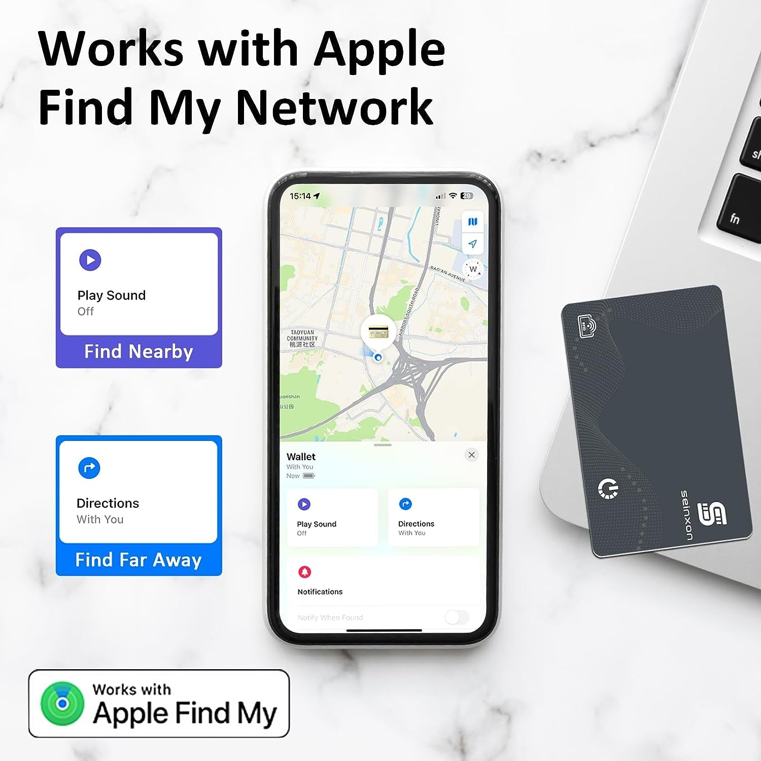 SEINXON RFID Blocking Wallet Finder with IP68 Waterproof Item Tracker and Rechargeable Clip, Compatible with Apple Find My App (iOS Only), Grey