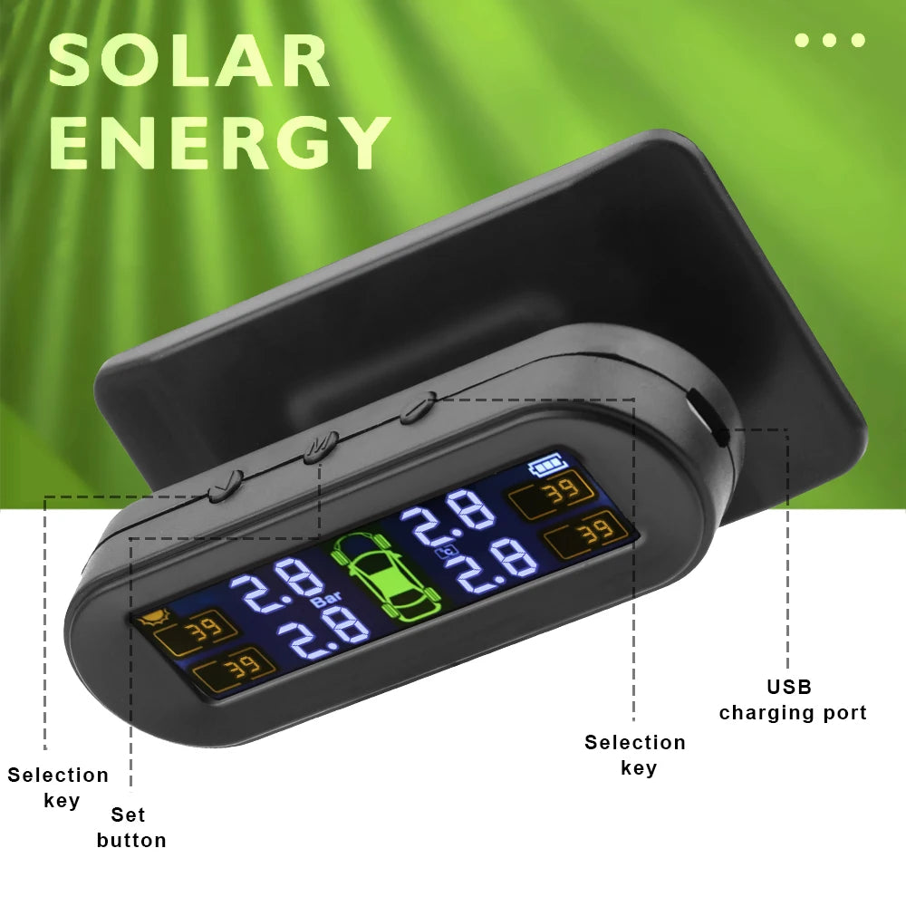 Revolutionary Solar-Powered Tire Pressure Monitoring System with Temperature Alerts - External Battery Version for Enhanced Safety