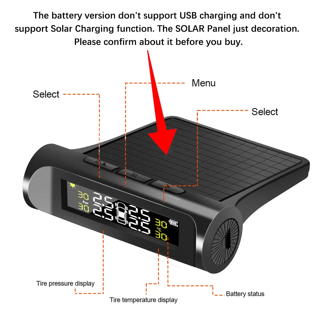 Revolutionary Solar-Powered Tire Pressure Monitoring System with Temperature Alerts - External Battery Version for Enhanced Safety