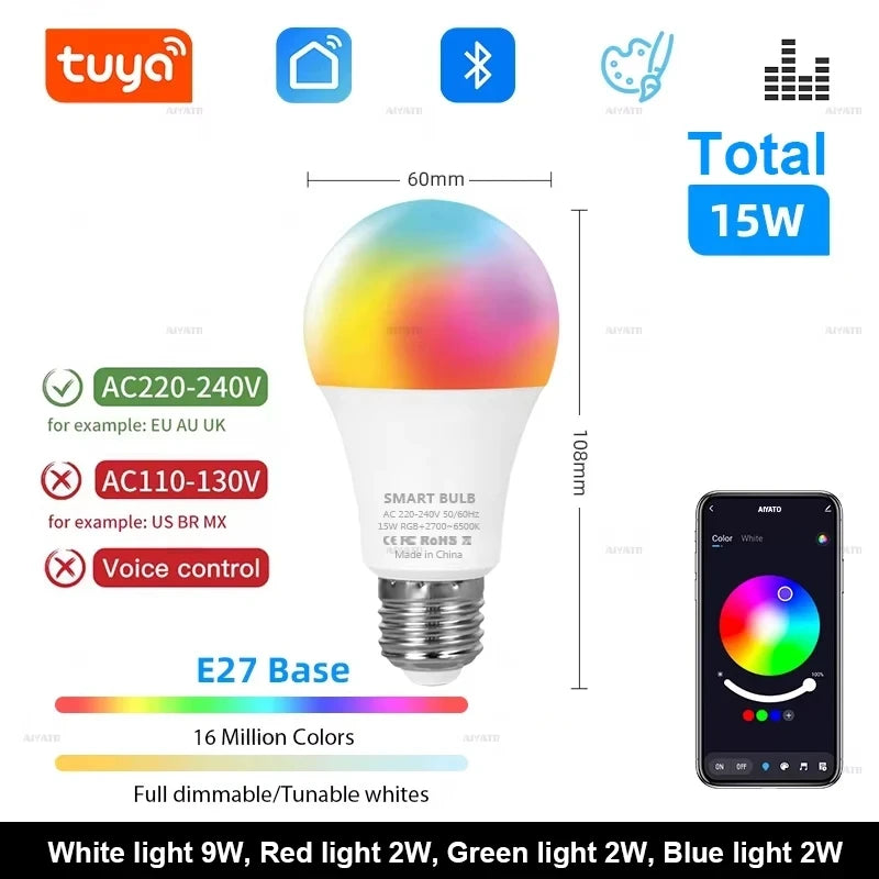 Smart Life APP Tuya Bluetooth LED Bulb Dimmable 15W 18W E27 B22 220V RGBCW Color Change Lamps Group Control Music Rhythm Timing
