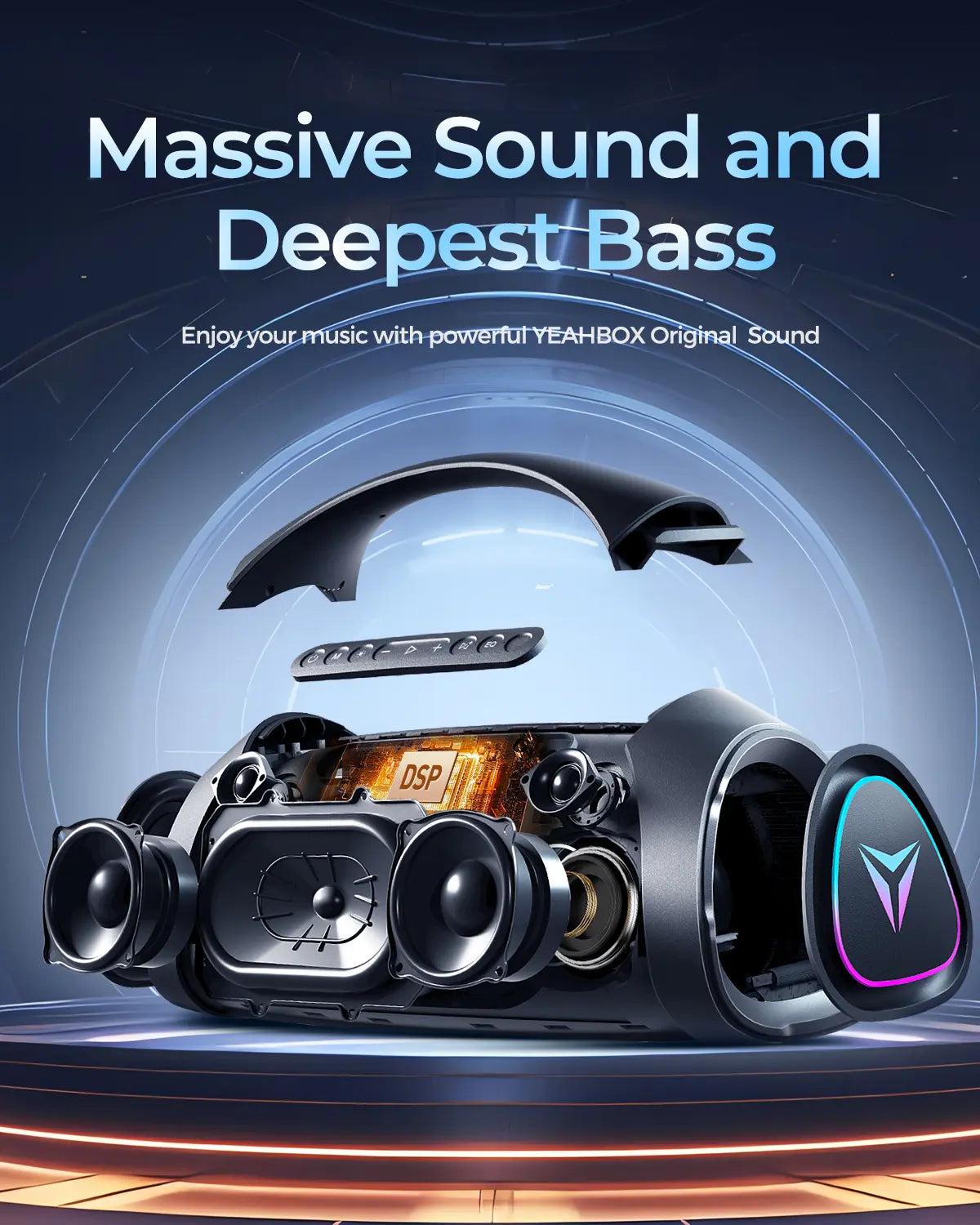 YEAHBOX Sonic Boom Max Portable Bluetooth Sound System - 200W RMS/300W Peak Stereo Speaker with Trifonic Pro True 3-Way Hi-Fi, Pulsebass X Oval Woofer, 5 Drivers, Bluetooth 5.3, EQ, USB Type-C Fast Charging, Water Resistant, and Battery-Powered for Outdoor Use.