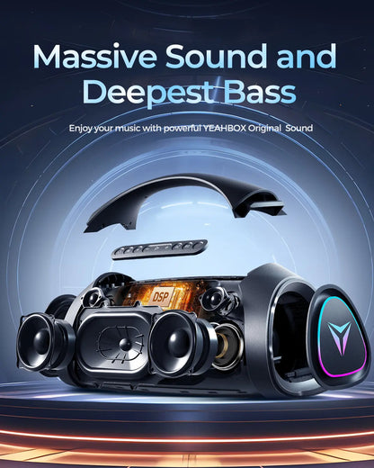 YEAHBOX Sonic Boom Max Portable Bluetooth Sound System - 200W RMS/300W Peak Stereo Speaker with Trifonic Pro True 3-Way Hi-Fi, Pulsebass X Oval Woofer, 5 Drivers, Bluetooth 5.3, EQ, USB Type-C Fast Charging, Water Resistant, and Battery-Powered for Outdoor Use.