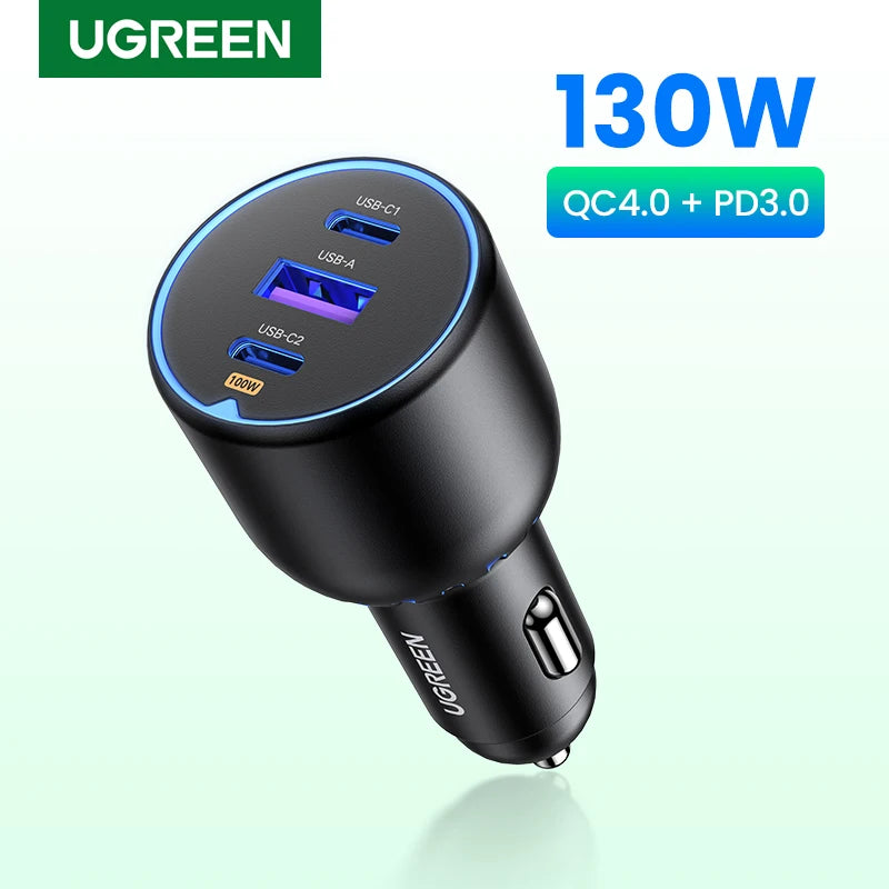130W USB C Fast Car Charger for Xiaomi Iphone 17 Samsung Galaxy S25 Laptops PD3.0 Fast Charging USB Type C Car Charger