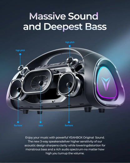 YEAHBOX Sonic Boom Max Portable Bluetooth Sound System - 200W RMS/300W Peak Stereo Speaker with Trifonic Pro True 3-Way Hi-Fi, Pulsebass X Oval Woofer, 5 Drivers, Bluetooth 5.3, EQ, USB Type-C Fast Charging, Water Resistant, and Battery-Powered for Outdoor Use.