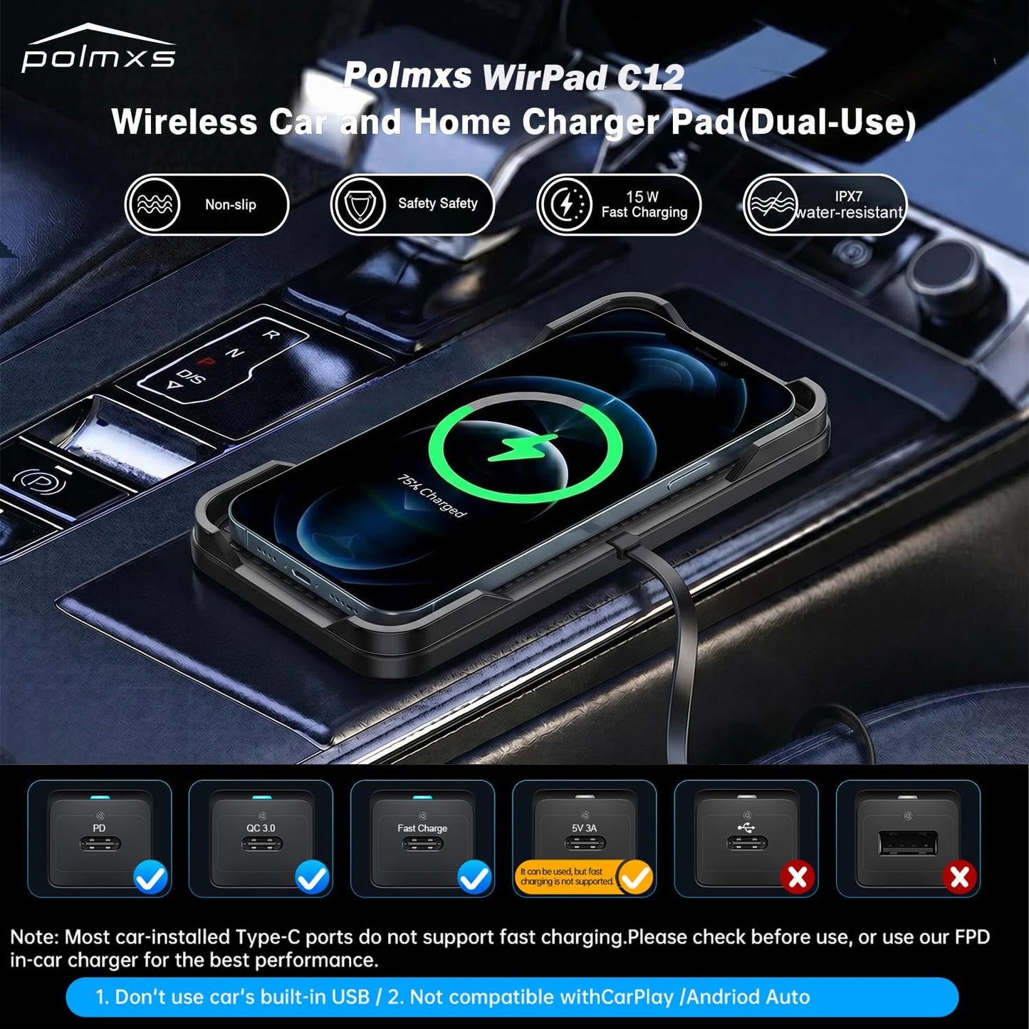 Wireless Charger, Wireless Car Charger Chargng Pad 15W Fast Wireless Phone Charger Cell Phone Cordless Charger Charging Mat Compatible with Iphone 11/12/12/14/15 Galaxy S21/S22/S23/24 (C12Y)