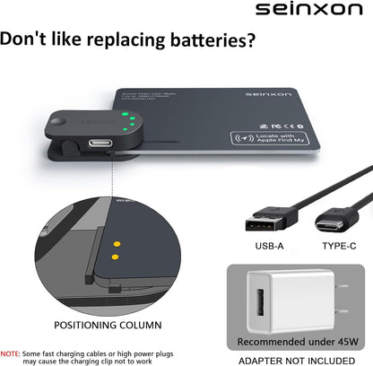SEINXON RFID Blocking Wallet Finder with IP68 Waterproof Item Tracker and Rechargeable Clip, Compatible with Apple Find My App (iOS Only), Grey