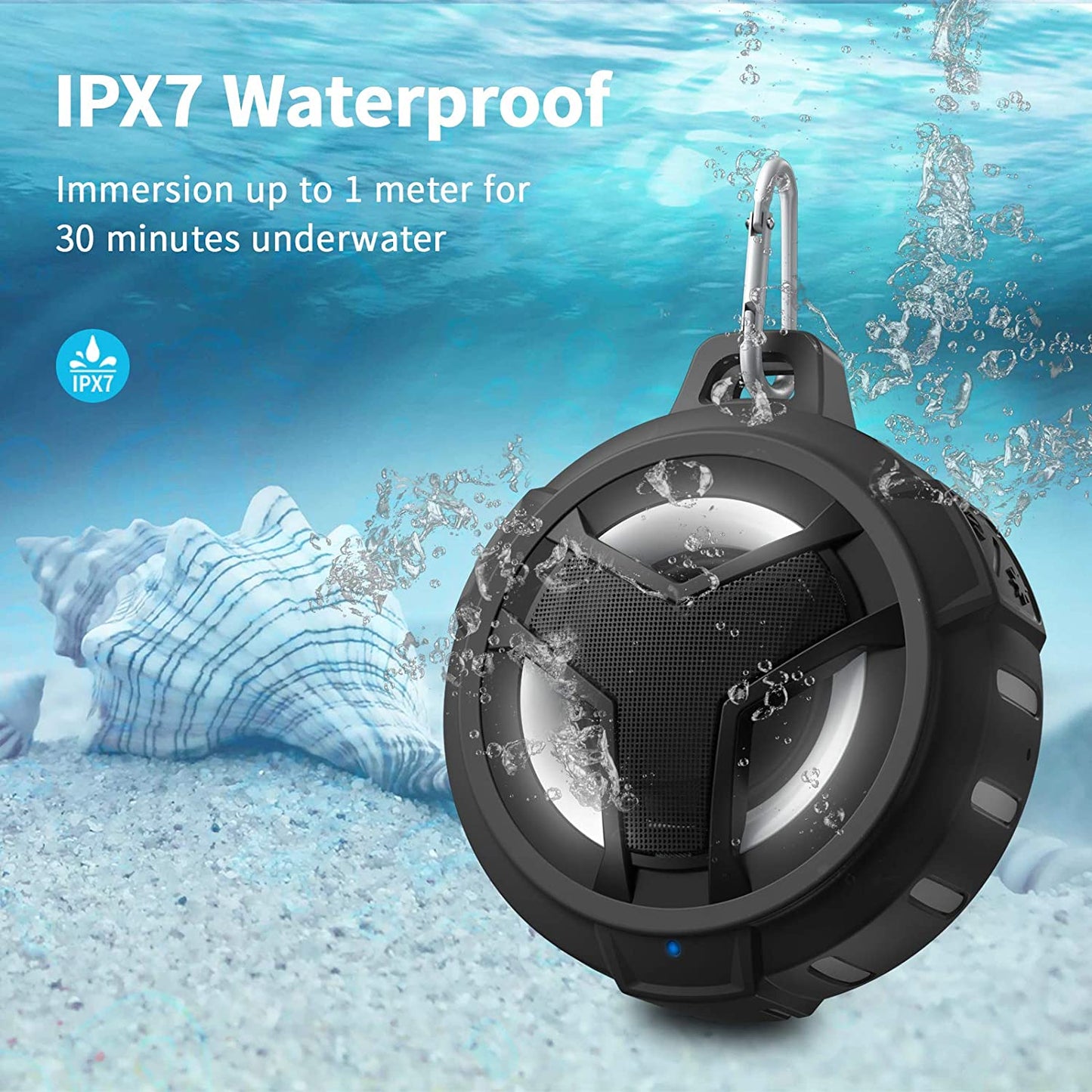 Bluetooth Shower Speaker, Waterproof Portable Bluetooth Speakers, TWS IP67 Waterproof Outdoor Speaker Wireless with LED Light, Floating, 2000Mah, Hands-Free for Shower, Pool, Beach, Bike -Black