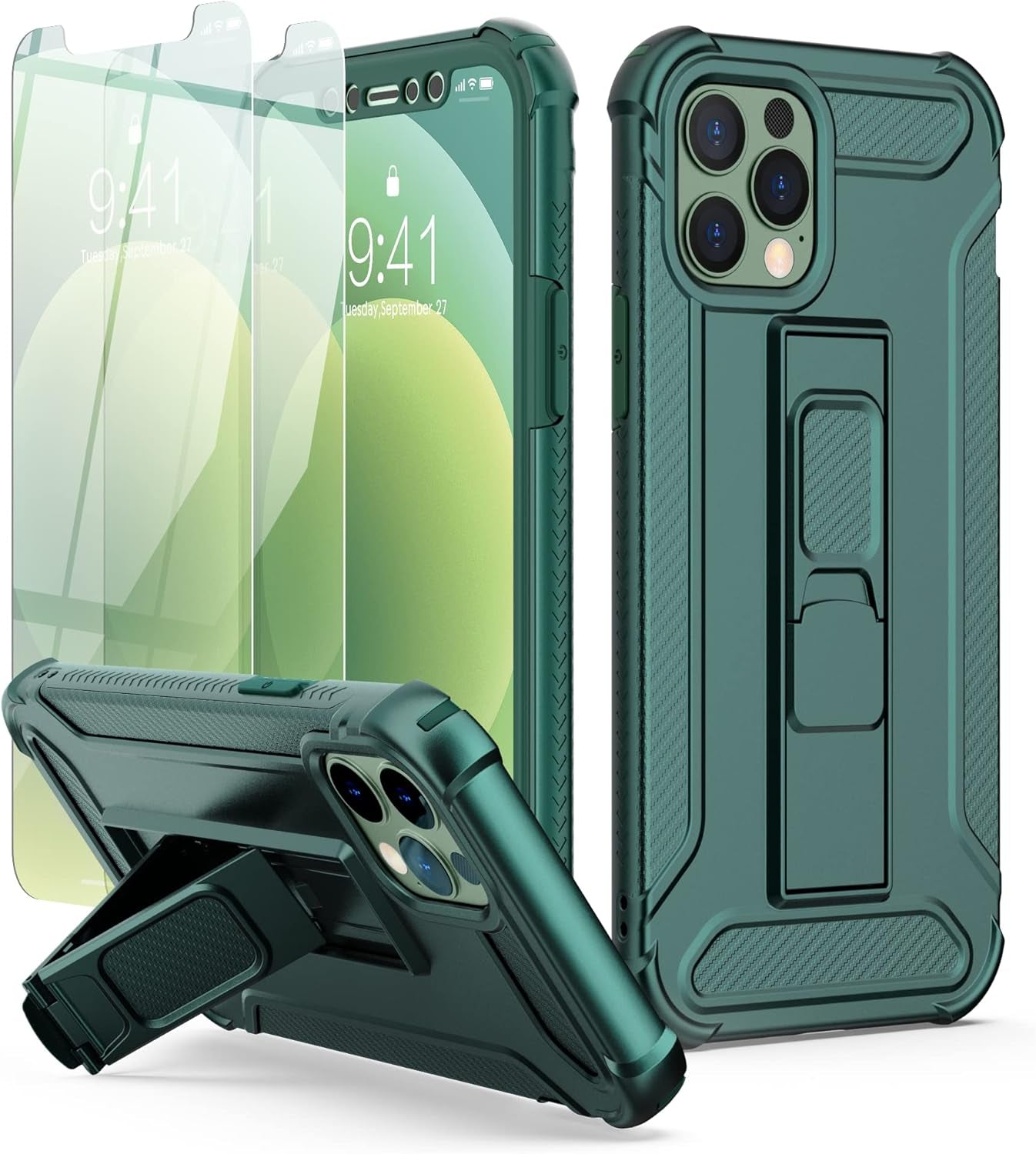 Compatible with Iphone 12 Case, Iphone 12 Pro Case With[2 X Tempered Glass Screen Protectors][Built-In Kickstand]Shockproof 360 Full Body Protective Silicone Bumper Cover-Darkgreen - Darkgreen
