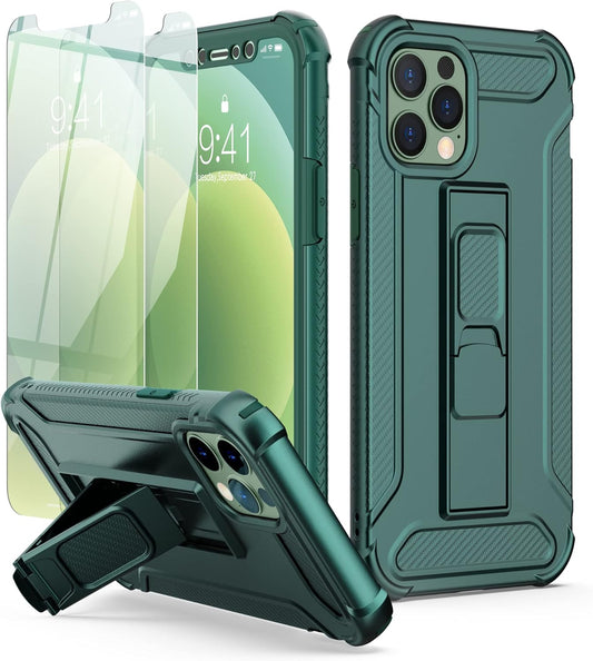 Compatible with Iphone 12 Case, Iphone 12 Pro Case With[2 X Tempered Glass Screen Protectors][Built-In Kickstand]Shockproof 360 Full Body Protective Silicone Bumper Cover-Darkgreen - Darkgreen