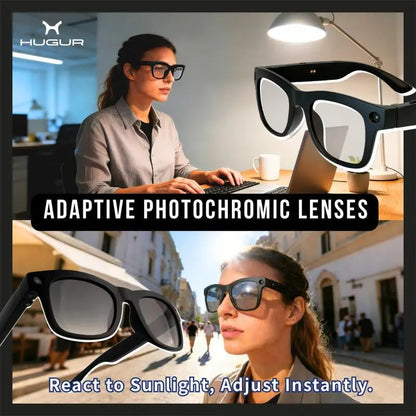 HUGUR AI Smart Camera Glasses: 8MP Lens, Photochromic Technology, Touch Control, Real-Time Translation in 160 Languages, Bluetooth Connectivity, Wearable Video Recording, and UV Protection for Outdoor Use